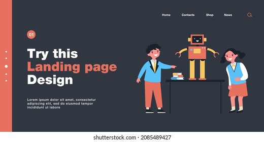Children learning robotics in classroom. Flat vector illustration. Teacher pointing to blackboard, kids studying robot standing on school desk. Robotics, school, modern technology, science concept