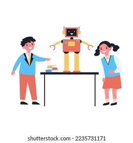 Children learning robotics in classroom. Flat vector illustration. Teacher pointing to blackboard, kids studying robot standing on school desk. Robotics, school, modern technology