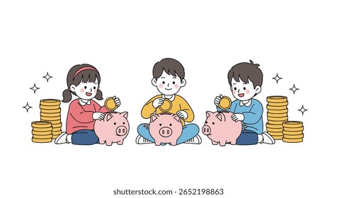As crianças aprendem a poupar dinheiro, colocando moedas em mealheiros com pilhas de moedas ao seu redor, que mostram o crescimento financeiro e os primeiros hábitos de investimento