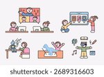 Children learning through digital education, online classes, robots, AR, and VR technology in a fun and creative environment.