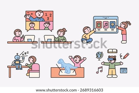 Children learning through digital education, online classes, robots, AR, and VR technology in a fun and creative environment.