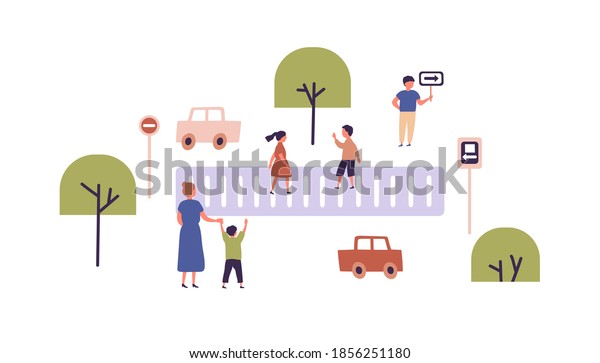 Children\
learning traffic rules playing in the street. Boy and girl crossing\
the road at crosswalk. Kid holding a direction sign. Playground\
flat vector illustration isolated on\
white