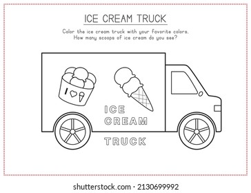 Children Learning Worksheet - Coloring Ice Cream Truck