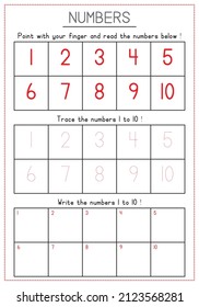 Children Learning Worksheet - Reading, Tracing, and Writing Numbers 1 to 10