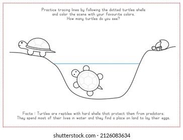 Children Learning Worksheet - tracing lines and coloring turtle