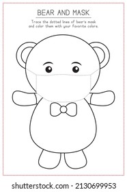 Children Learning Worksheet - Tracing Lines and Coloring Bear in Mask