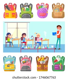 Children learns chemistry at school lesson vector illustration. Set of backpacks Pupils trying to do experiments with test tube with liquid under teachers control. Back to school concept. Flat cartoon
