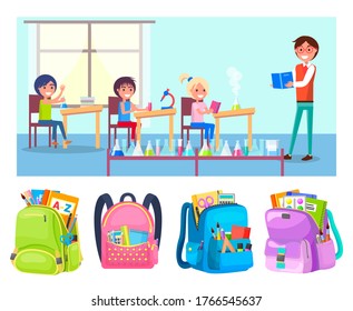 Children learns chemistry at school lesson vector illustration. Pupils trying to do experiments with test tube with liquid under teachers control. Back to school concept. Flat cartoon