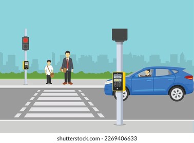 Children leaving school crossing and red light for car stopping where a car is waiting for green signal. traffic signal area, crossing road sensing system stoppage location, Autonomous Vehicle concept