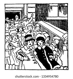 Children Leaving School  in large group or  escuela, females, girls, kids, males, ninos, school building, vintage line drawing or engraving illustration.