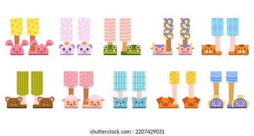 Children legs in slippers animals, comfortable stylish home shoes, cozy kids footwear of colorful design and creative shape. Fluffy baby slippers cat, dog, frog. Cartoon vector illustration
