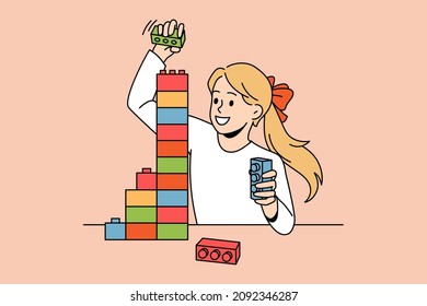 Children leisure hobby activities concept. Smiling small girl playing making pyramid of colorful lego pieces building tower vector illustration 