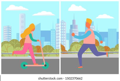 Children leisure outdoor, girl and boy balancing on scooter and rollerblading in city. Urban activity near buildings and trees, child on wheels. Vector illustration in flat cartoon style