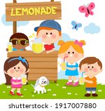 Children at a lemonade stand drinking lemon juice. Vector illustration