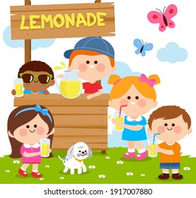 Children at a lemonade stand drinking lemon juice. Vector illustration