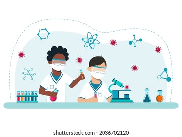 Children at the lesson of chemistry, biology. Ethnicity. Profile education. Investigation of the chemical composition in the laboratory. Vector. Cartoon style.