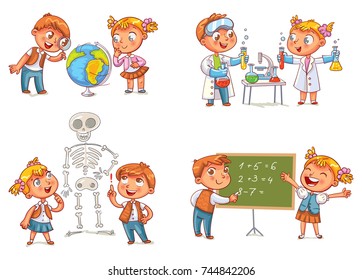 Children in the lesson of geography, chemistry, mathematics and biology. Funny cartoon character. Vector illustration. Isolated on white background