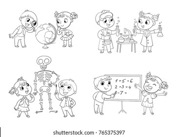 Children in the lesson of geography, chemistry, mathematics and biology. Funny cartoon character. Vector illustration. Isolated on white background. Coloring book