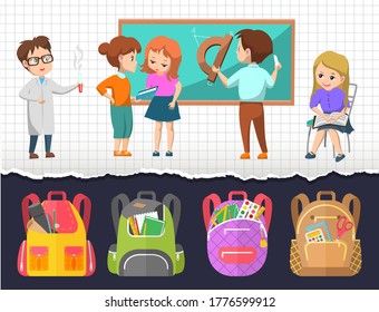 Children at lessons vector, satchels with supplies for classes. Boy drawing on blackboard, geometry and chemistry learning. Classmates helping one another