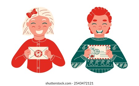 Children With Letters To Santa Claus. Portrait of a happy girl and boy with a letter in their hands to the North Pole. Vector illustration