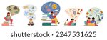 Children in Library, Back to School, Education, Knowledge Concept. Little Kids Reading Books, Boy and Girl Character Learning, Studying College or Preschool Classes. Cartoon Vector Illustration