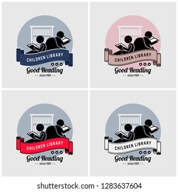 Children library logo design. Vector artwork of boy and girl reading book in the library on the floor with a beanbag. Illustration represent knowledge, education, and learning.