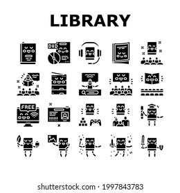 Children Library Read Collection Icons Set Vector. Children Library Reading Material And Activity, Educational And Story Book Glyph Pictograms Black Illustrations
