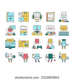 Children Library Read Collection Icons Set Vector. Children Library Reading Material And Activity, Educational And Story Book Concept Linear Pictograms. Contour Color Illustrations