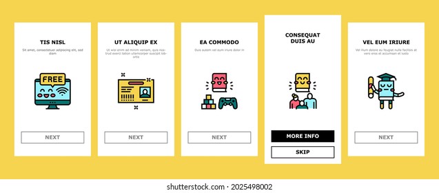 Children Library Read Onboarding Mobile App Page Screen Vector. Children Library Reading Material And Activity, Educational And Story Book Illustrations