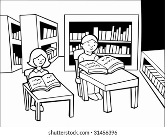 Biblioteca Infantil Leyendo Línea de Arte: Muchacho y muchacha sentados en los escritorios de una biblioteca leyendo libros.