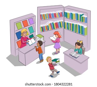 Children library scene. Librarian showing books to kid. Boy carries stack of books. Girl sitting at table in reading room, does homework. Vector character illustration of child literature, bookworms