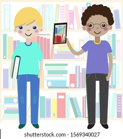 Children in the library. Two boys with a book and a tablet. E-book. Electronic library. Vector illustration. Flat design