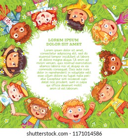 Children lie on the meadow. Camera Angle downward. International Children's Day or Earth Day. International friendship day. Multicultural kids in the circle. Template for advertising brochure