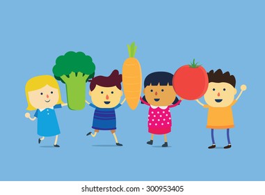 Children lift a big vegetable to over head, they are very happy and well. This is concept about eating vegetables and fruit for children