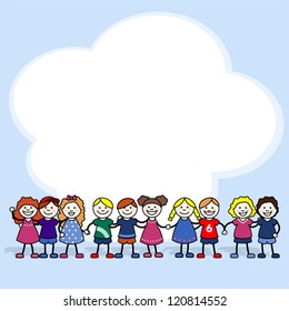 Children in a line with a cloud background