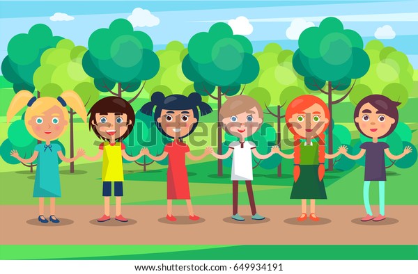 Children Line Holding Hands Stand On Stock Vector (Royalty Free ...