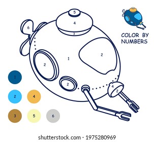 Children linear drawing for coloring book. Toy bathyscaphe in linear. Children toys and entertainment. Underwater research. Isolated vector on white