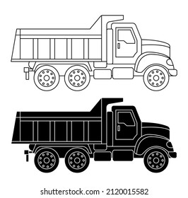 Children linear drawing for coloring book. Heavy construction equipment truck, garbage truck in linear. Industrial machinery and equipment. Isolated vector on white back