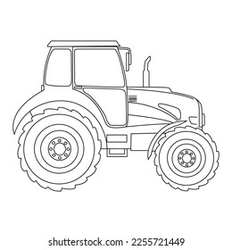 Dibujo lineal infantil para libro de colorantes. Cargador de equipo de construcción, bulldozer en lineal. Máquinas y equipos industriales. Aislado sobre blanco