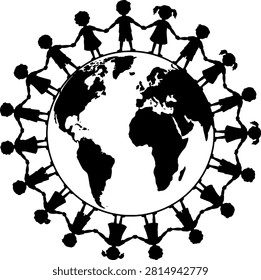 Children link hands forming circle around planet Earth. Represents global unity, peace, environmental consciousness, and future generations. Celebrates diversity and interconnectedness of world's children.