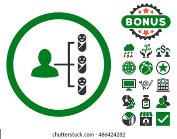 Children Links icon with bonus pictures. Vector illustration style is flat iconic bicolor symbols, green and gray colors, white background.