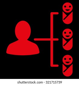 Children Links vector icon. Style is flat symbol, red color, rounded angles, black background.
