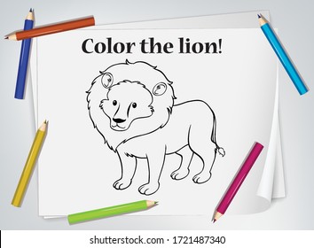 Children lion coloring worksheet illustration