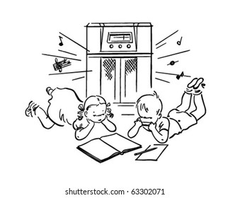 Children Listening To Radio - Retro Clipart Illustration