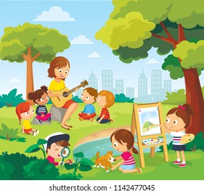 Children listening to the teacher. Teacher playing on guitar to children. 
Teen boy reading book. Girl drawing the watercolor.  Vector illustration. Flat design. 