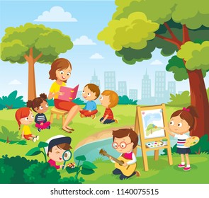 Children listening to the teacher. Teacher reading book to children. 
Teen boy playing on guitar. Girl drawing the watercolor.  Vector illustration. Flat design. 