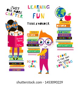 Children at literature lesson flat vector illustrations set. Cute smart schoolkids reading books at library cartoon characters. School is cool lettering. Educational textbooks design elements pack