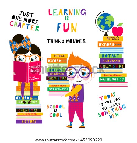 Children at literature lesson flat vector illustrations set. Cute smart schoolkids reading books at library cartoon characters. School is cool lettering. Educational textbooks design elements pack