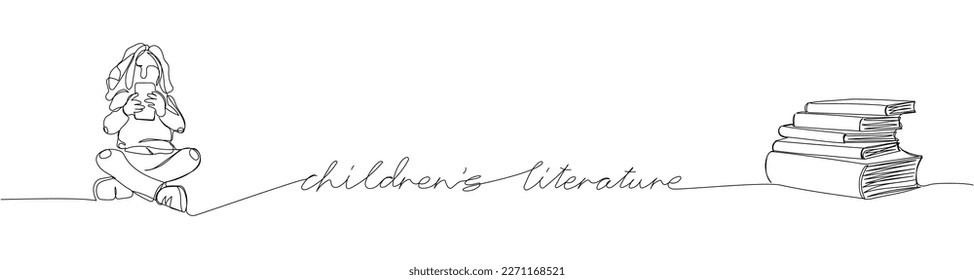 Children literature one line art. Continuous line drawing of book, library, fairy tales, child, pupil, literature, read, reading with an inscription, lettering, handwritten.