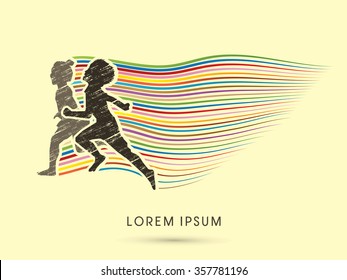 Children, Little Boy and girl running designed using grunge brush with line colorful rainbows graphic vector.